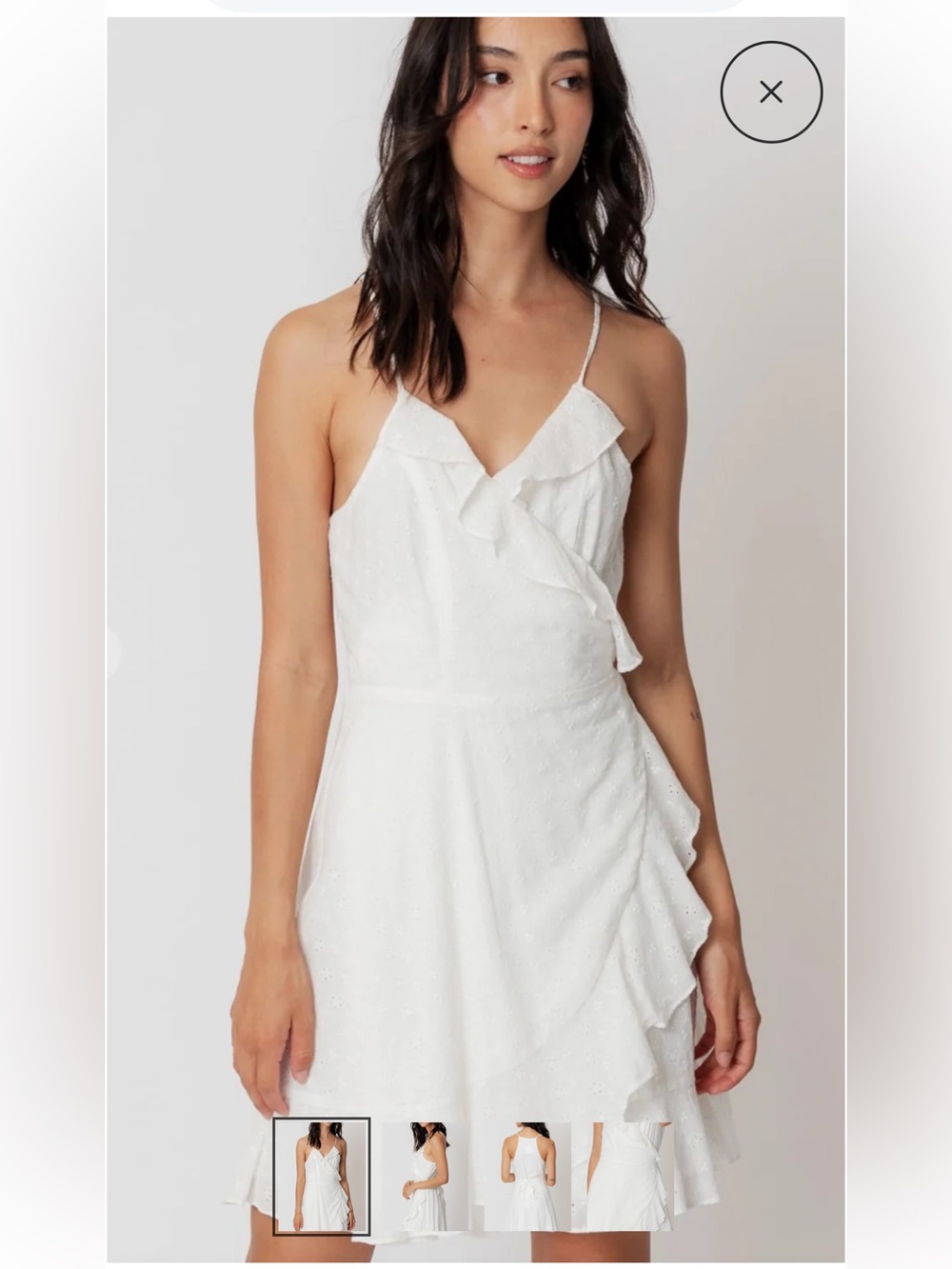 En Creme White Eyelet Wrap Mini Dress with Ruffle Trim